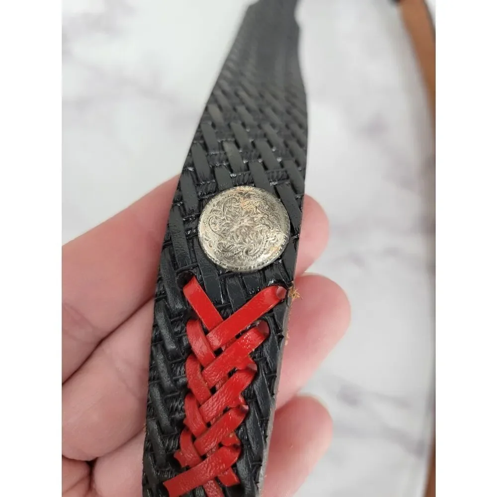 Gray Leather Basket Weave Embossed Belt with Red Lace Accent and Conchos